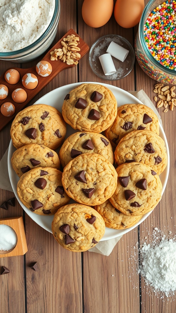 A variety of freshly baked cookies on a wooden table, showcasing different flavors and textures.